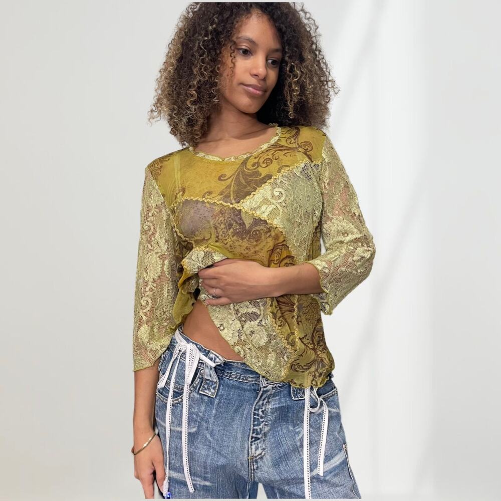 Italian Vintage 00s boho green floral sheer mesh & lace blouse (M) fairy grunge
